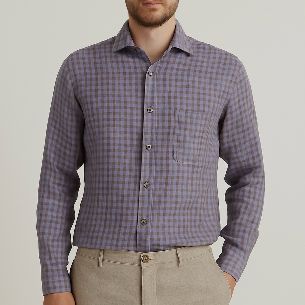 Luciano Barbera Italian Linen Check Long Sleeve Shirt Designer Casual Office